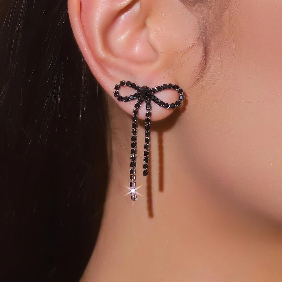 Black Bow Earrings for Women Trendy Black Earrings Rhinestone Dangling Sparkly Wedding Earings for Brides Bow Jewelry