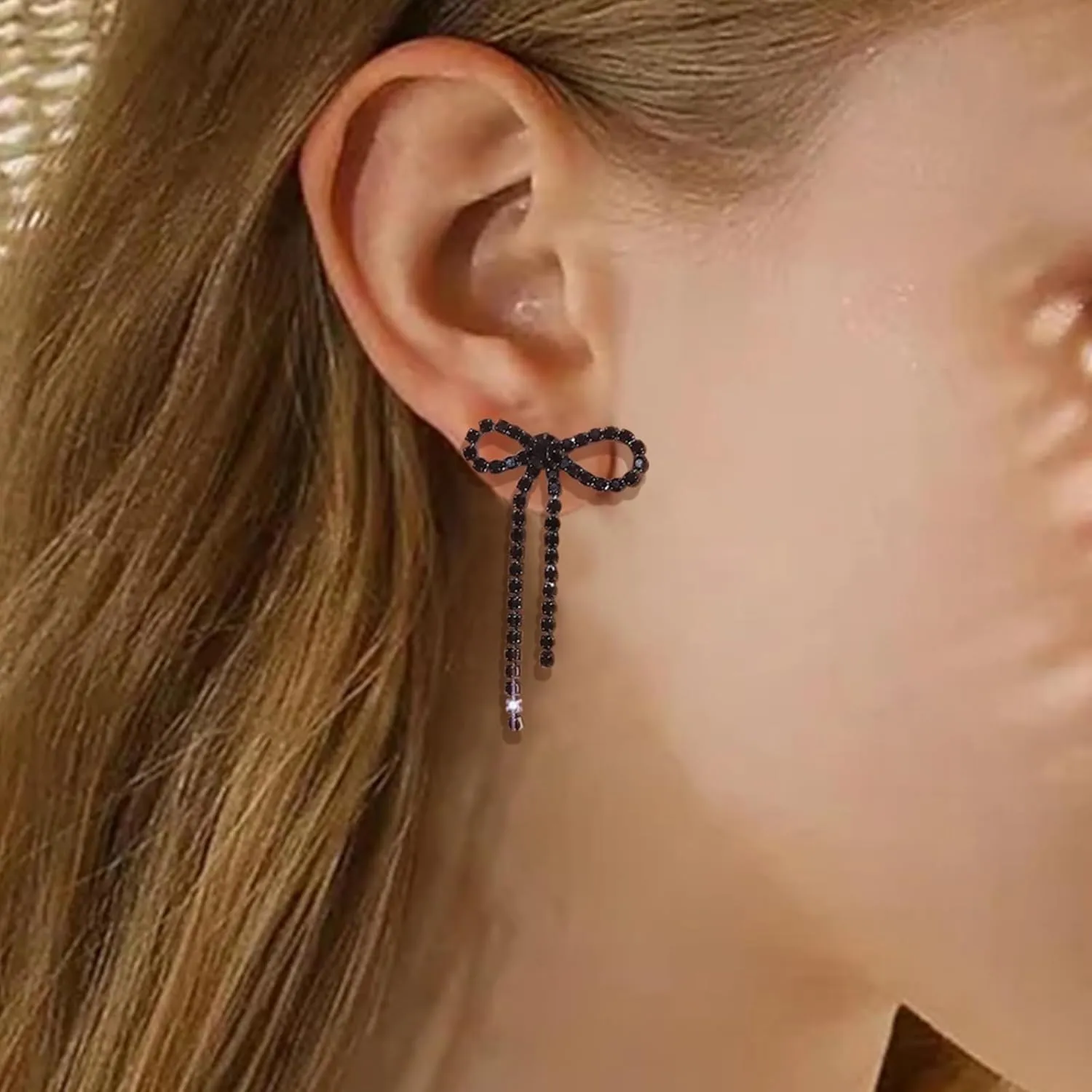 Black Bow Earrings for Women Trendy Black Earrings Rhinestone Dangling Sparkly Wedding Earings for Brides Bow Jewelry