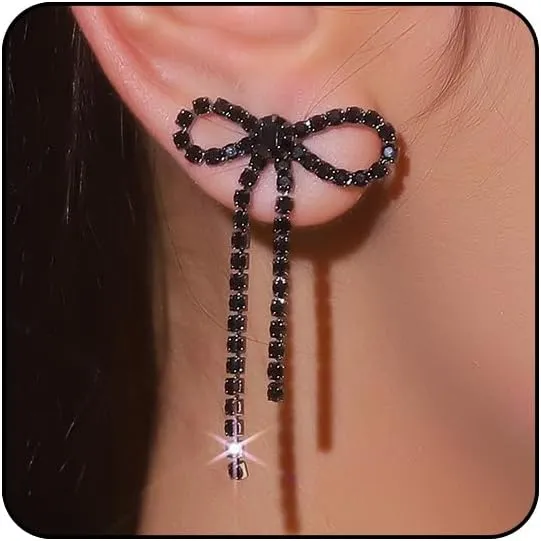 Black Bow Earrings for Women Trendy Black Earrings Rhinestone Dangling Sparkly Wedding Earings for Brides Bow Jewelry