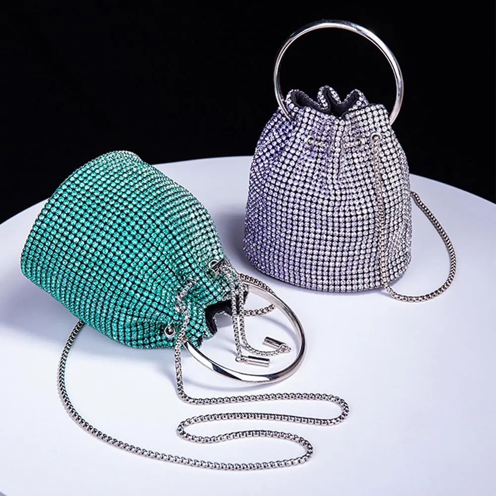 Bling Evening Handbag Rhinestone Drawstring Shoulder Bucket Purse Diamond Clutch Purse Party Wedding Shopping