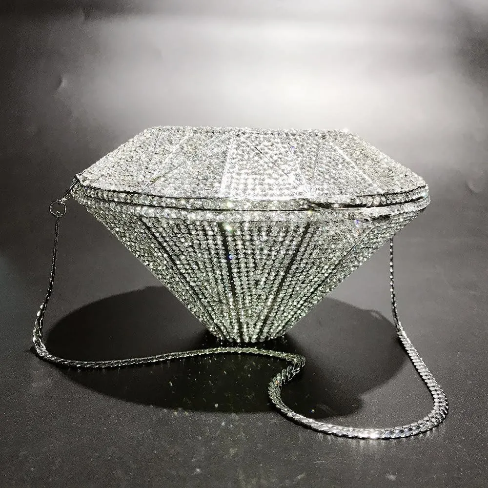 Bling Purse Three-Dimensional Diamond Shape Rhinestone Purse for Women Sparkly Clutch Purse Handbag for Party Wedding Silver