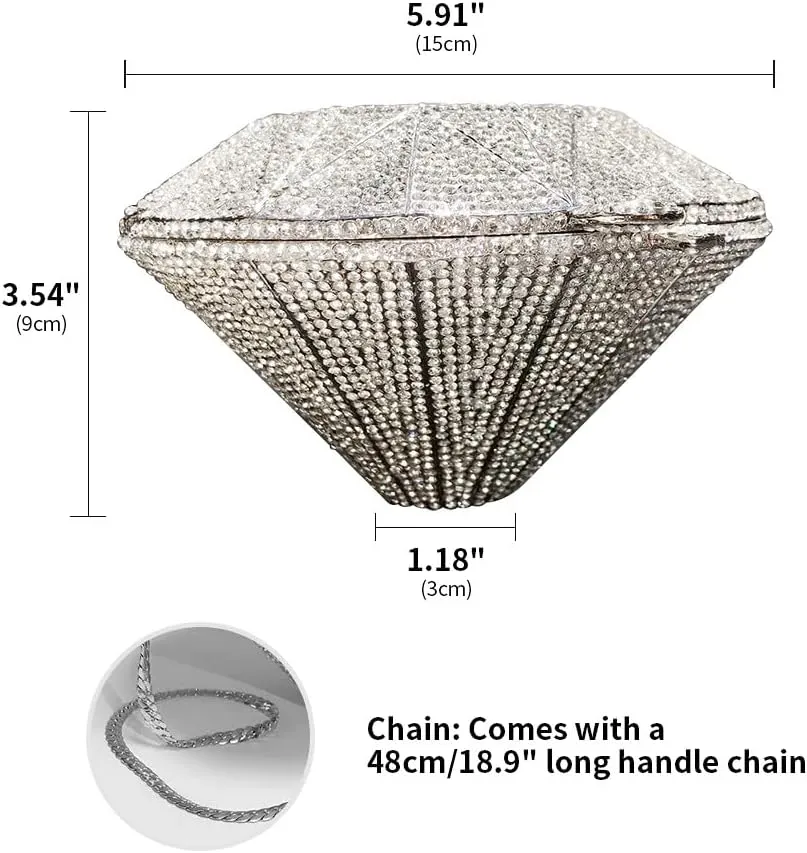 Bling Purse Three-Dimensional Diamond Shape Rhinestone Purse for Women Sparkly Clutch Purse Handbag for Party Wedding Silver