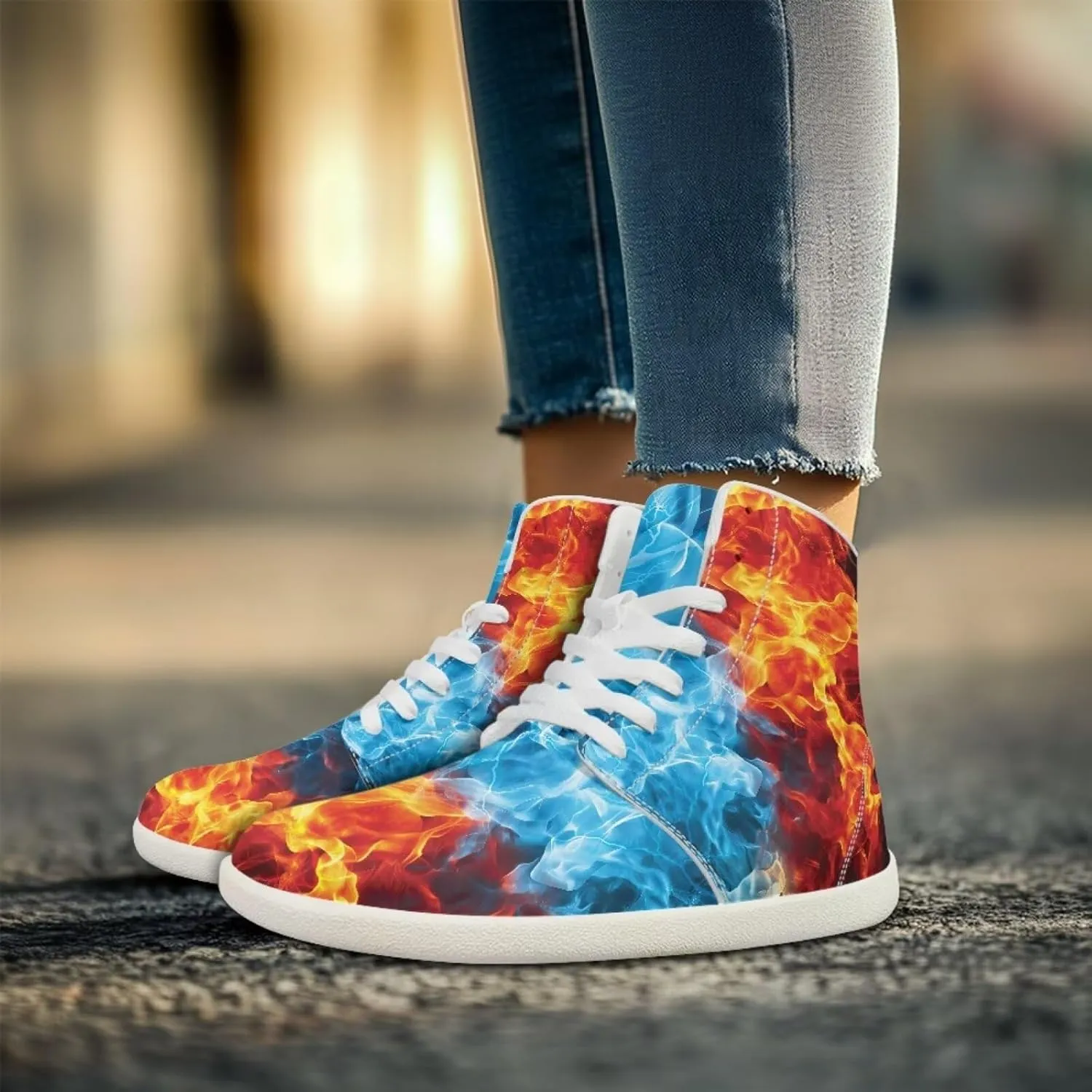 Blitz Flame Print Mens High Top Sneakers Womens Lightweight Wide Toe Barefoot Shoes Anti Slip Zero Drop Walking Shoes Sports Sneakers
