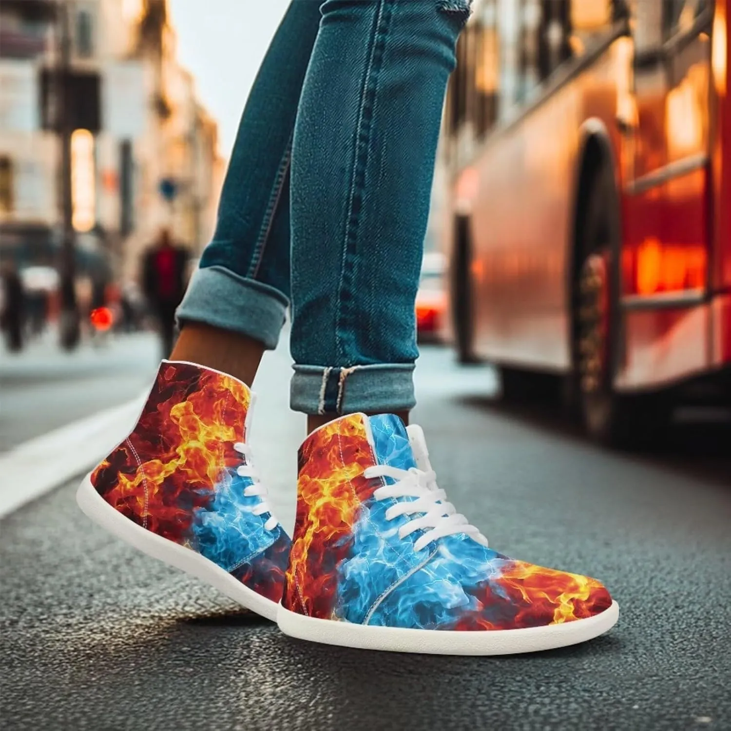 Blitz Flame Print Mens High Top Sneakers Womens Lightweight Wide Toe Barefoot Shoes Anti Slip Zero Drop Walking Shoes Sports Sneakers