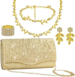 Blosssound 5 Pcs Purse Rhinestone Jewelry Set Gold Rhinestone Clutch Handbag Bride Prom Necklace Dangle Earrings Bracelets Ring Accessories for Women Wedding Evening Party Birthday Gift