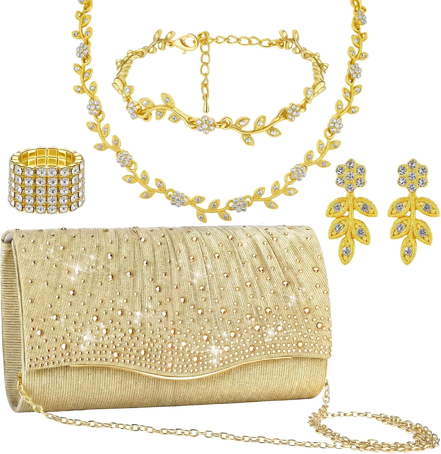 Blosssound 5 Pcs Purse Rhinestone Jewelry Set Gold Rhinestone Clutch Handbag Bride Prom Necklace Dangle Earrings Bracelets Ring Accessories for Women Wedding Evening Party Birthday Gift