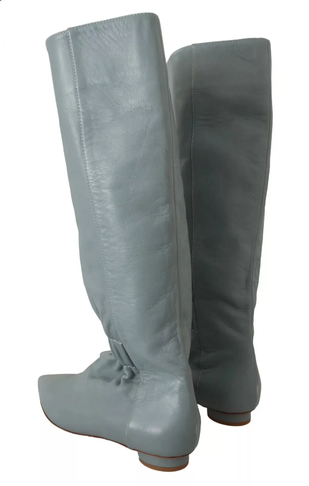 Blue Leather Elastic Flats Pull On Knee High Boots Shoes