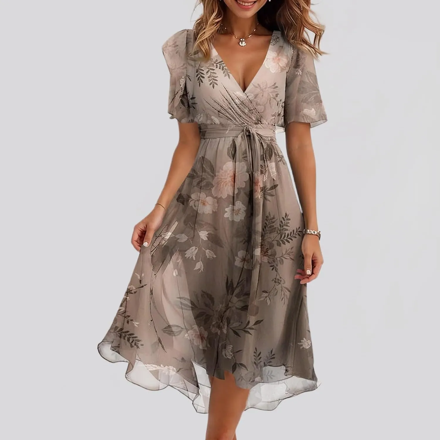 Boho Dresses for Women,2025 Summer Trendy Floral Chiffon Midi Dress,Elegant V Neck Belted Flowy Beach Vacation Dress