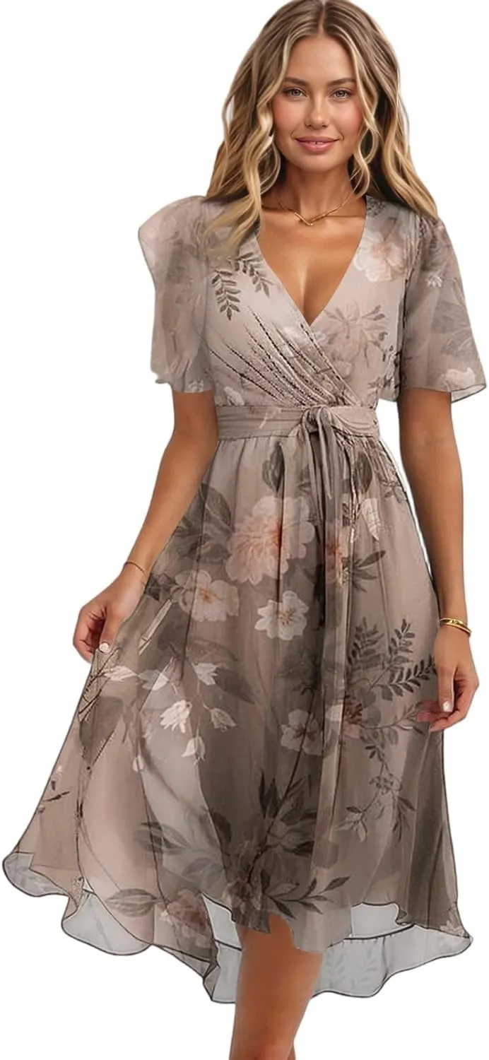 Boho Dresses for Women,2025 Summer Trendy Floral Chiffon Midi Dress,Elegant V Neck Belted Flowy Beach Vacation Dress