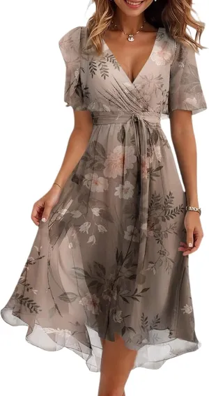 Boho Dresses for Women,2025 Summer Trendy Floral Chiffon Midi Dress,Elegant V Neck Belted Flowy Beach Vacation Dress