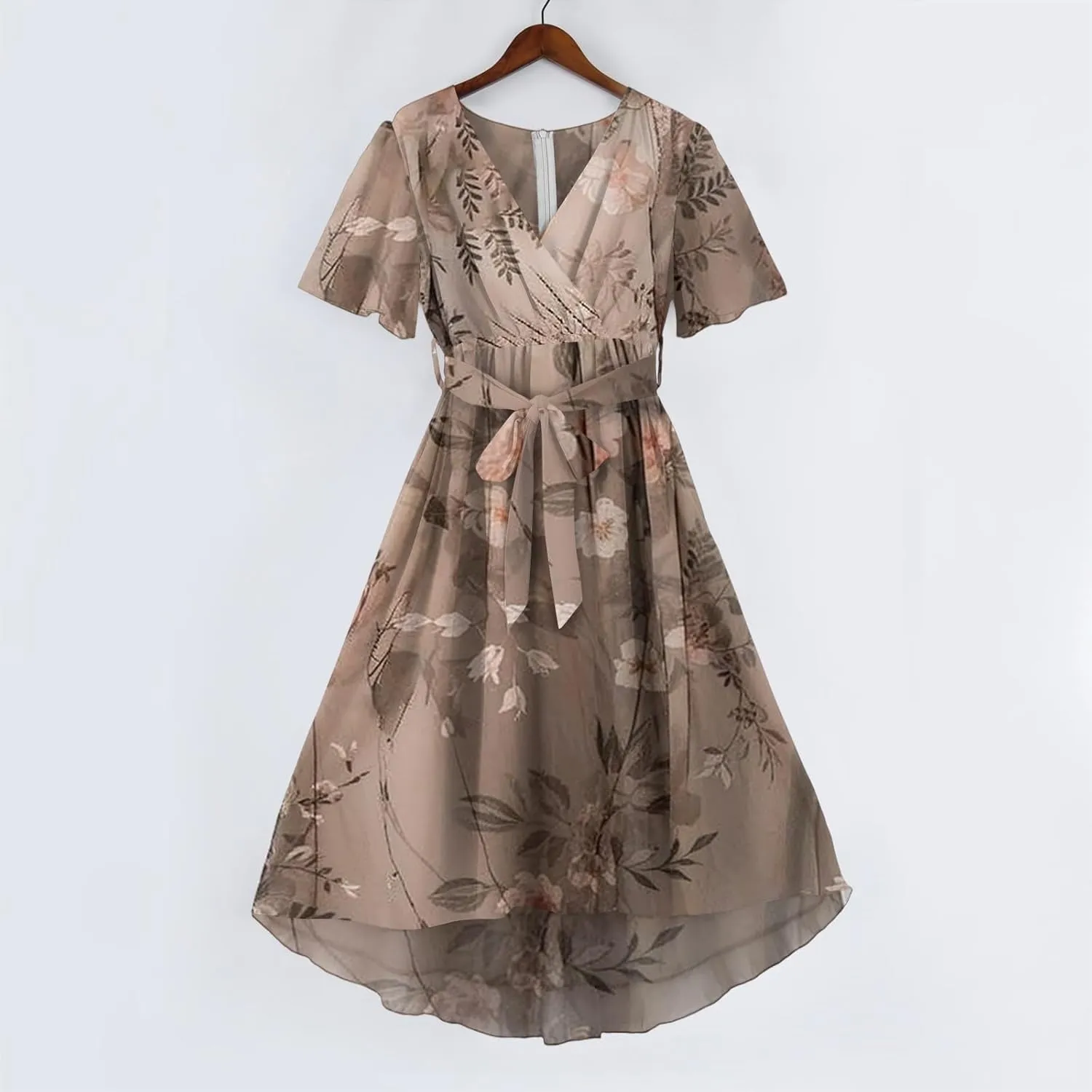 Boho Dresses for Women,2025 Summer Trendy Floral Chiffon Midi Dress,Elegant V Neck Belted Flowy Beach Vacation Dress