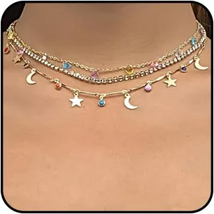 Boho Layered Crystal Tennis Choker Necklaces Set for Women Trendy Colourful Natural Stone Pendant Necklaces Adjustable Star Moon Necklaces Jewelry