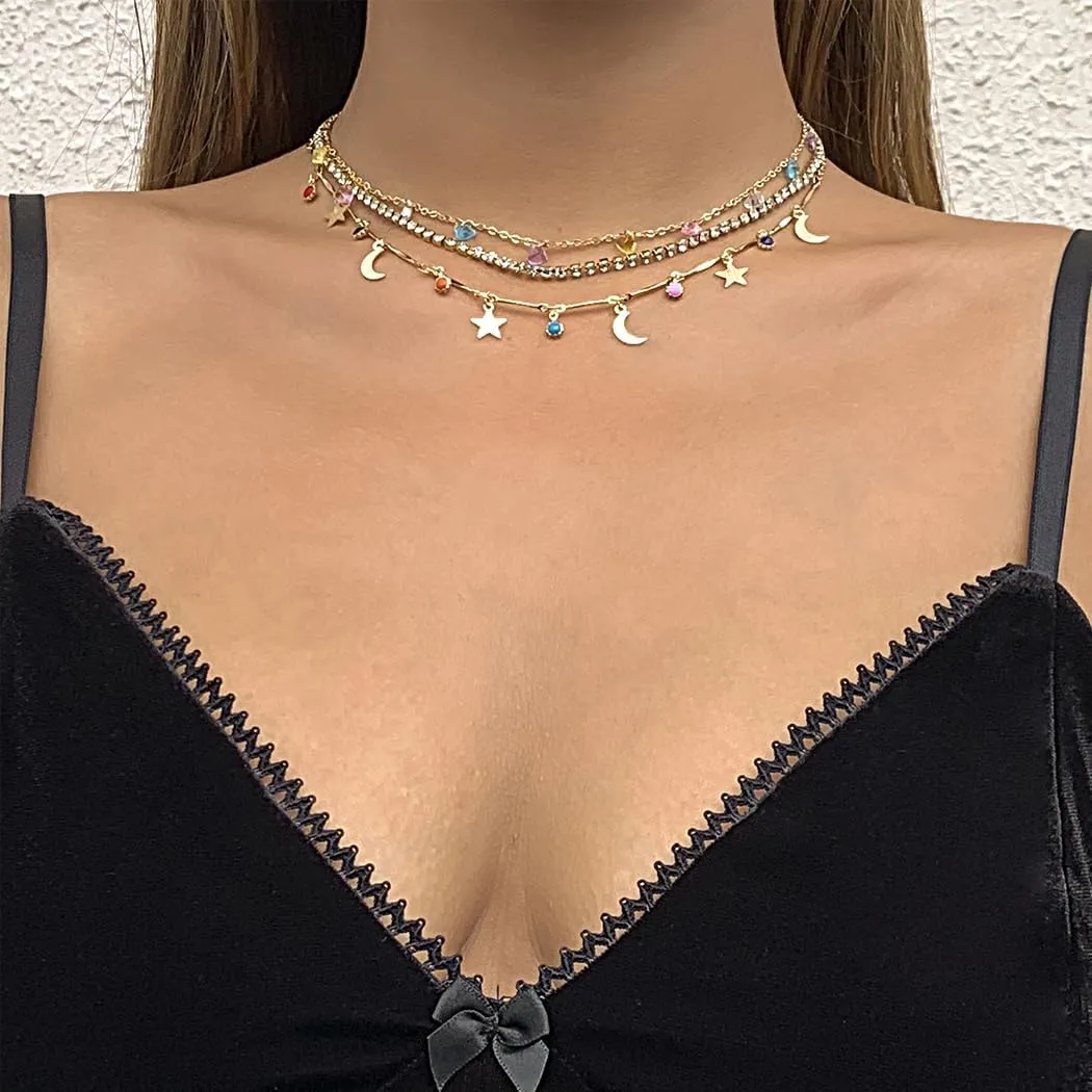 Boho Layered Crystal Tennis Choker Necklaces Set for Women Trendy Colourful Natural Stone Pendant Necklaces Adjustable Star Moon Necklaces Jewelry