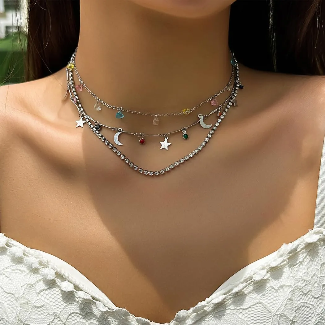 Boho Layered Crystal Tennis Choker Necklaces Set for Women Trendy Colourful Natural Stone Pendant Necklaces Adjustable Star Moon Necklaces Jewelry