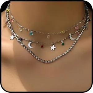 Boho Layered Crystal Tennis Choker Necklaces Set for Women Trendy Colourful Natural Stone Pendant Necklaces Adjustable Star Moon Necklaces Jewelry