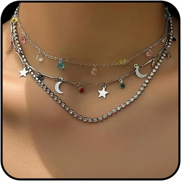 Boho Layered Crystal Tennis Choker Necklaces Set for Women Trendy Colourful Natural Stone Pendant Necklaces Adjustable Star Moon Necklaces Jewelry