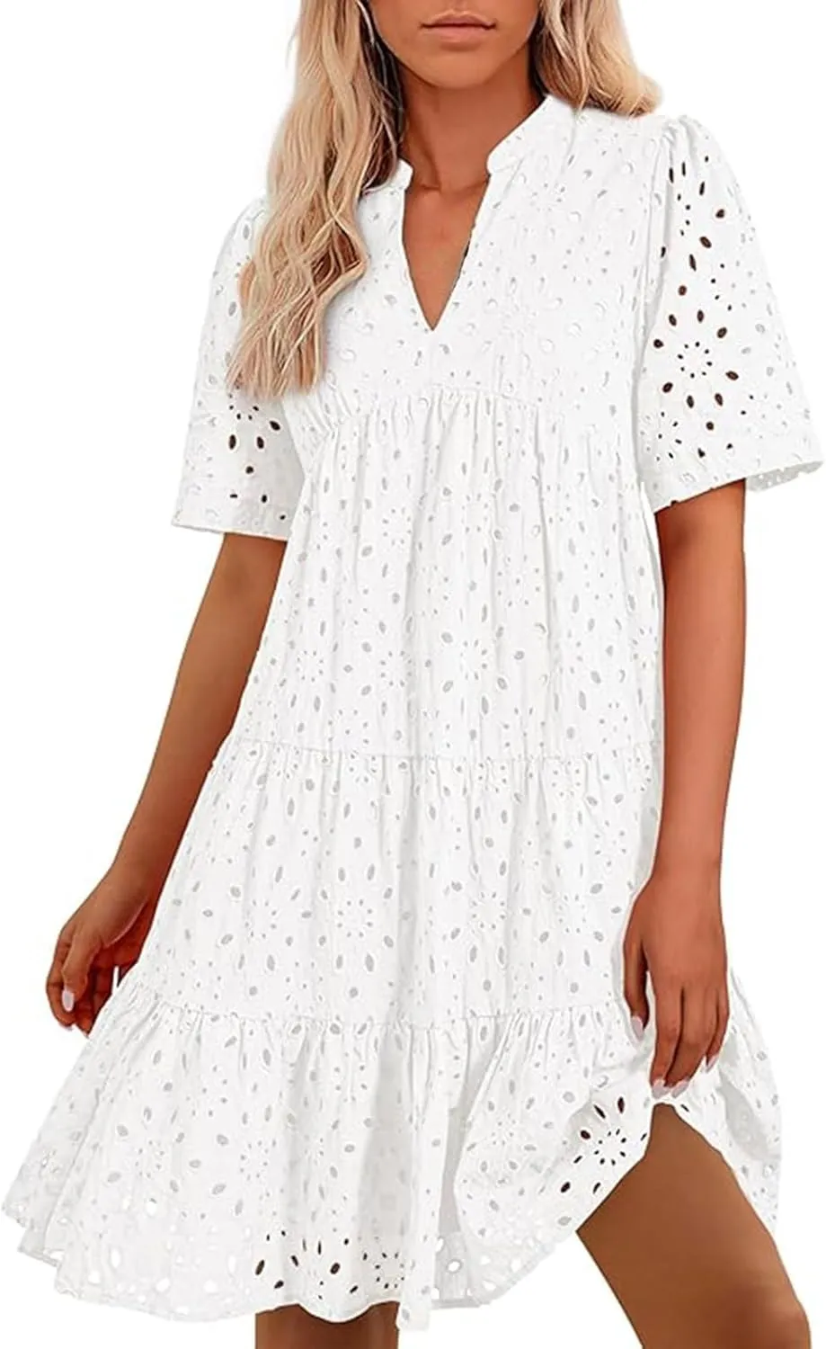 Boho Summer Dresses for Women 2025 Resort V Neck Short Sleeve Hollow Out Lace Ruffle Casual Beach Mini Vacation Dress
