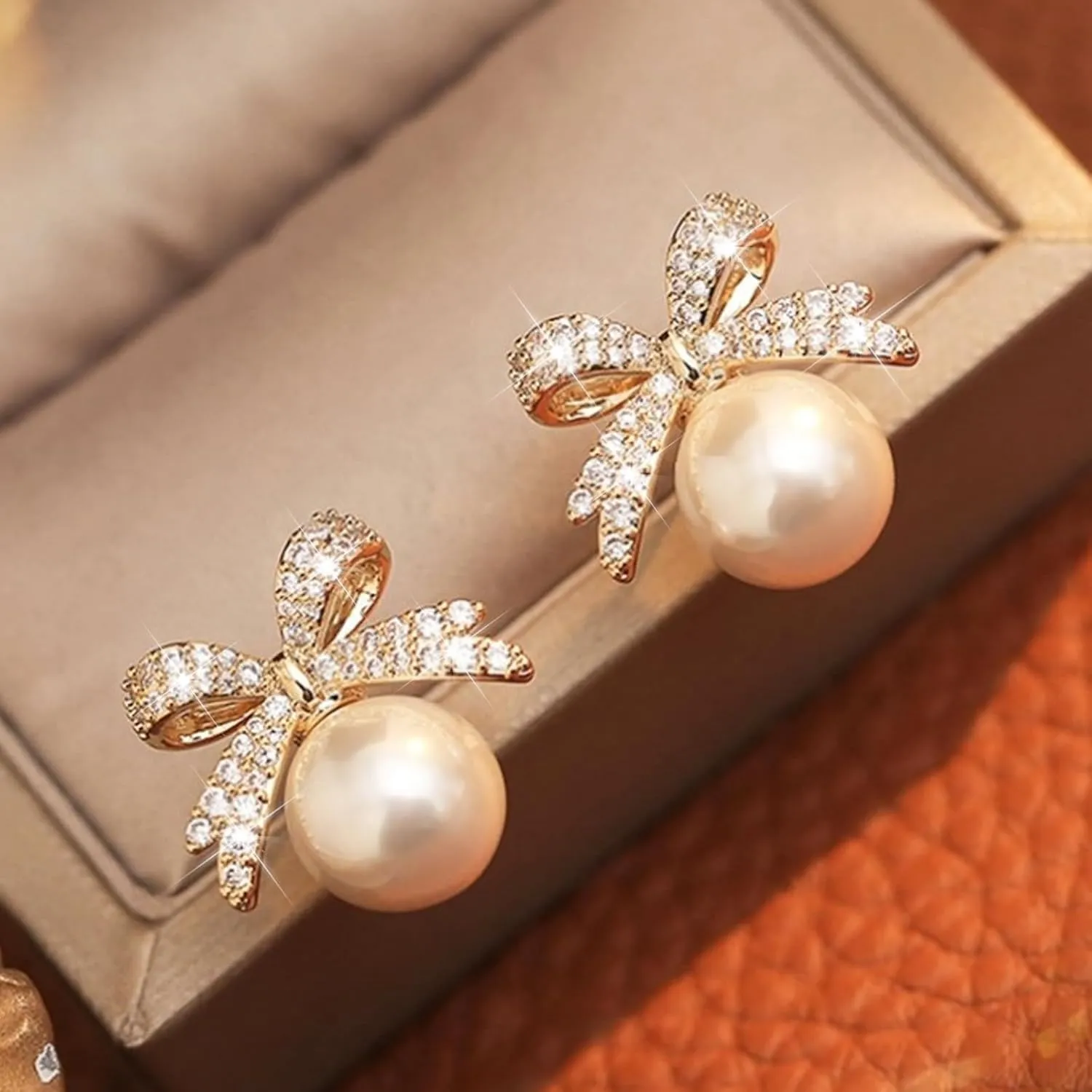 Bow Earrings Pearl Bow Earrings Rhinestone Bow Earrings Gold Ribbon Dangle Earrings Trendy Bow Stuff Jewelry Gifts for Women