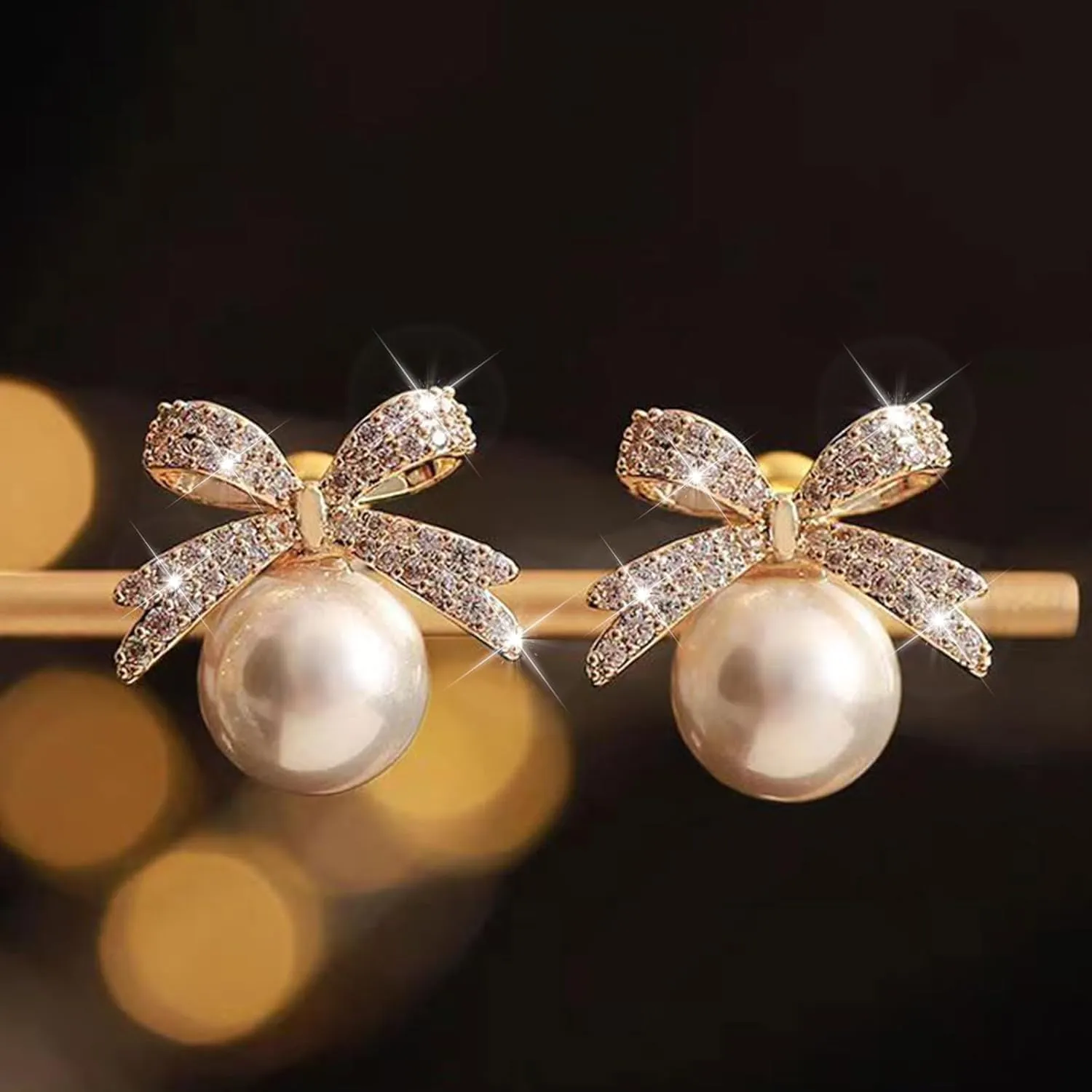 Bow Earrings Pearl Bow Earrings Rhinestone Bow Earrings Gold Ribbon Dangle Earrings Trendy Bow Stuff Jewelry Gifts for Women