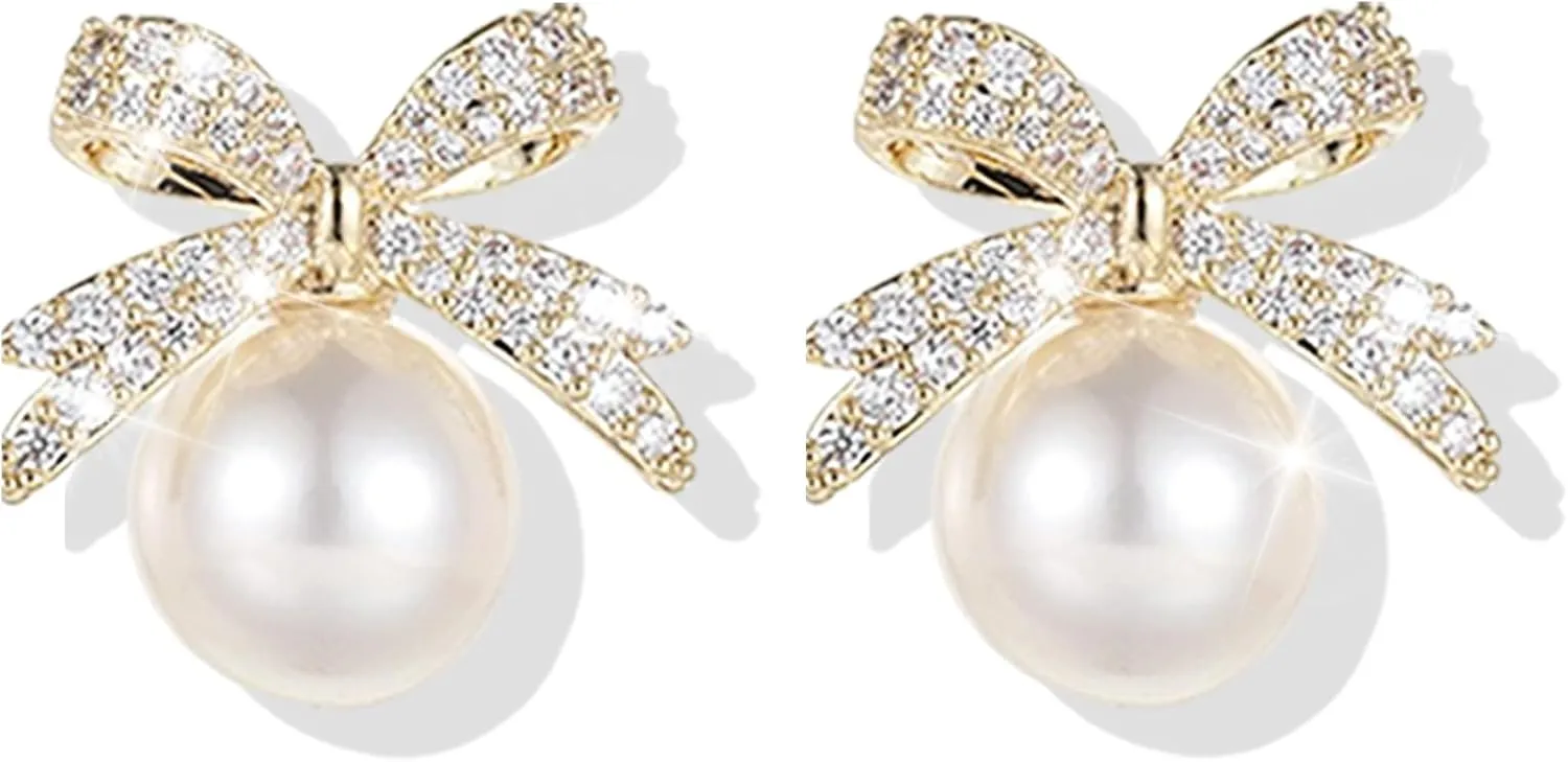 Bow Earrings Pearl Bow Earrings Rhinestone Bow Earrings Gold Ribbon Dangle Earrings Trendy Bow Stuff Jewelry Gifts for Women