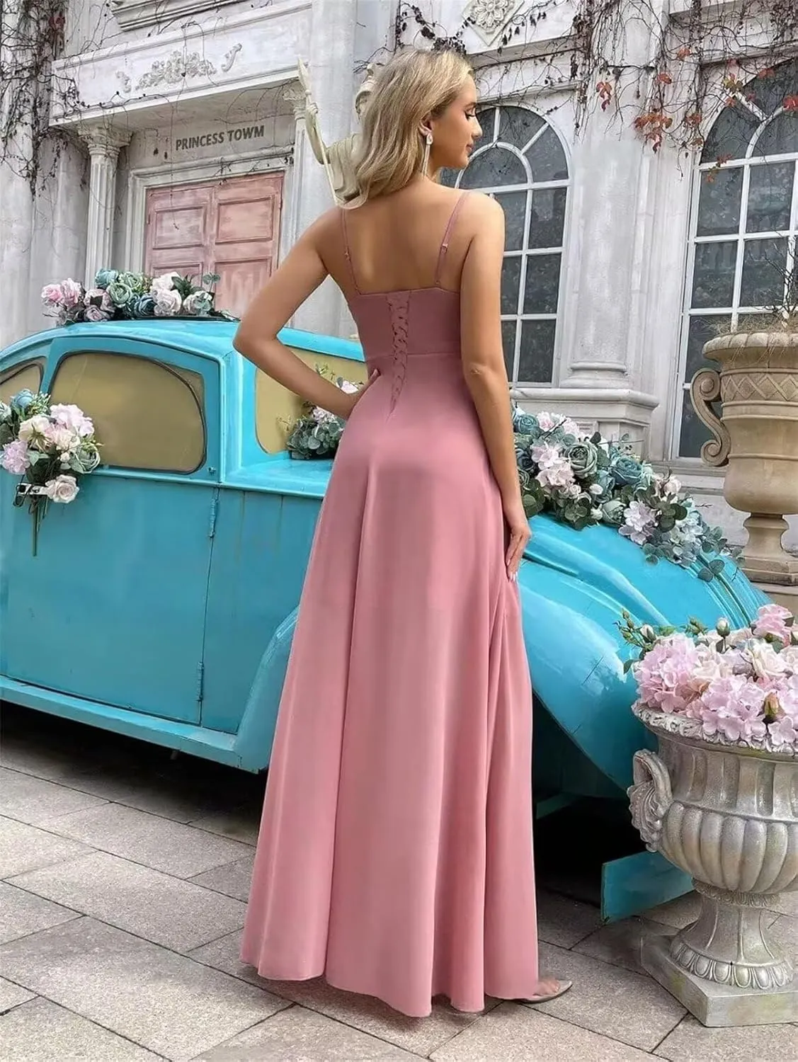 Bridesmaid Dresses for Women Chiffon Spaghetti Straps Cowl Neck A-Line Prom Evening Dress with Slit
