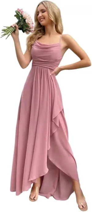 Bridesmaid Dresses for Women Chiffon Spaghetti Straps Cowl Neck A-Line Prom Evening Dress with Slit