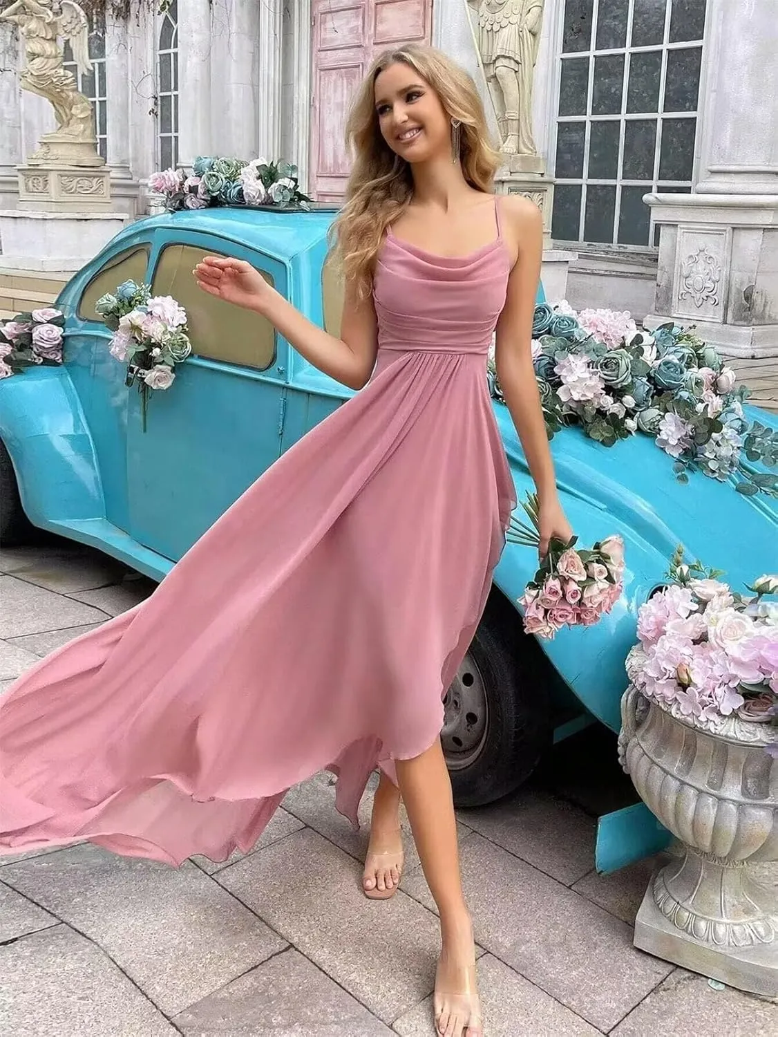 Bridesmaid Dresses for Women Chiffon Spaghetti Straps Cowl Neck A-Line Prom Evening Dress with Slit