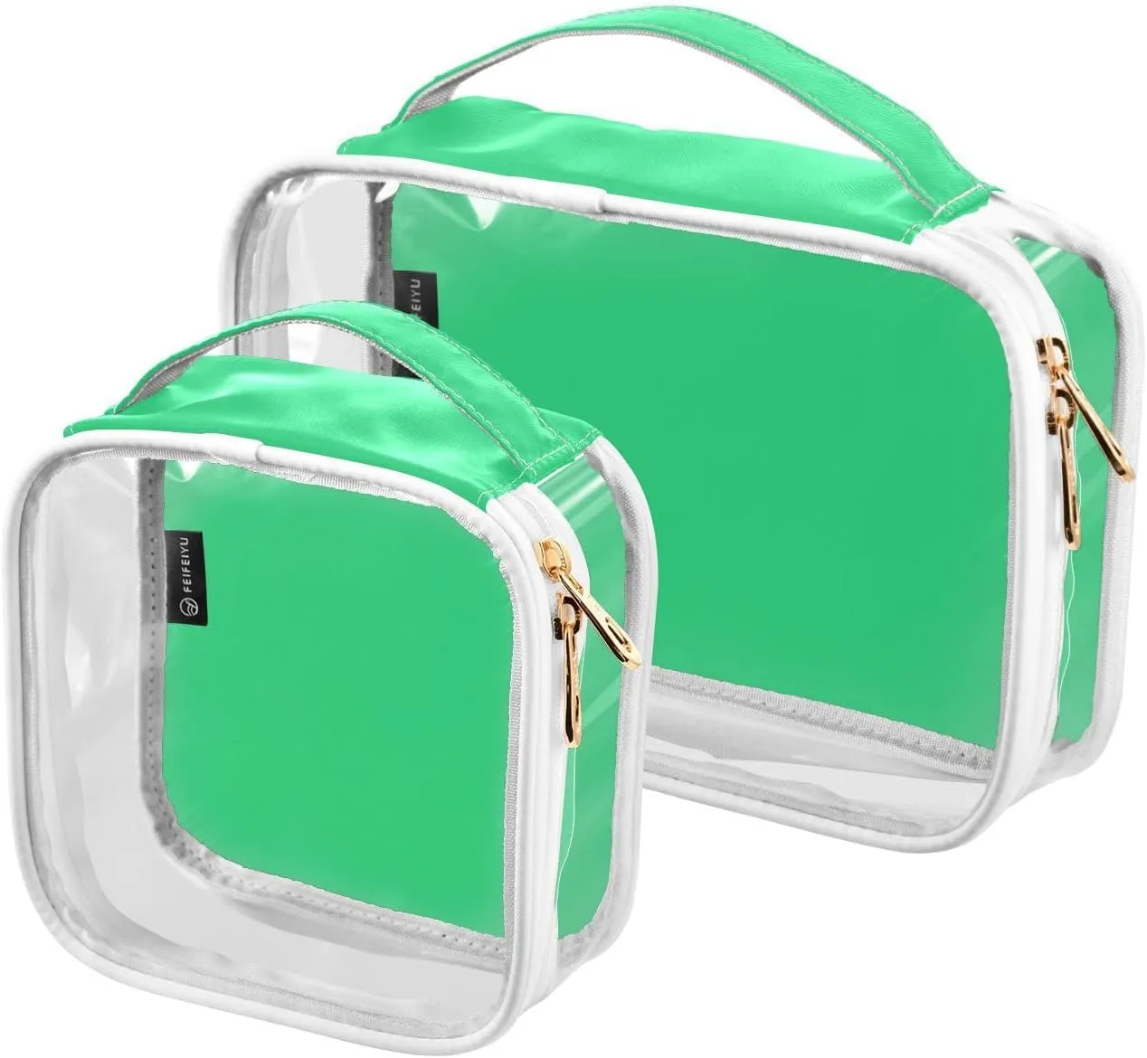 Bright Green 2 Pieces Clear Makeup Cosmetic Toiletry Bags for Women Men PVC Waterproof Portable Travel Storage Carry Pouch with Gold Zippers Travel Organizer for Traveling Bathroom Organizing
