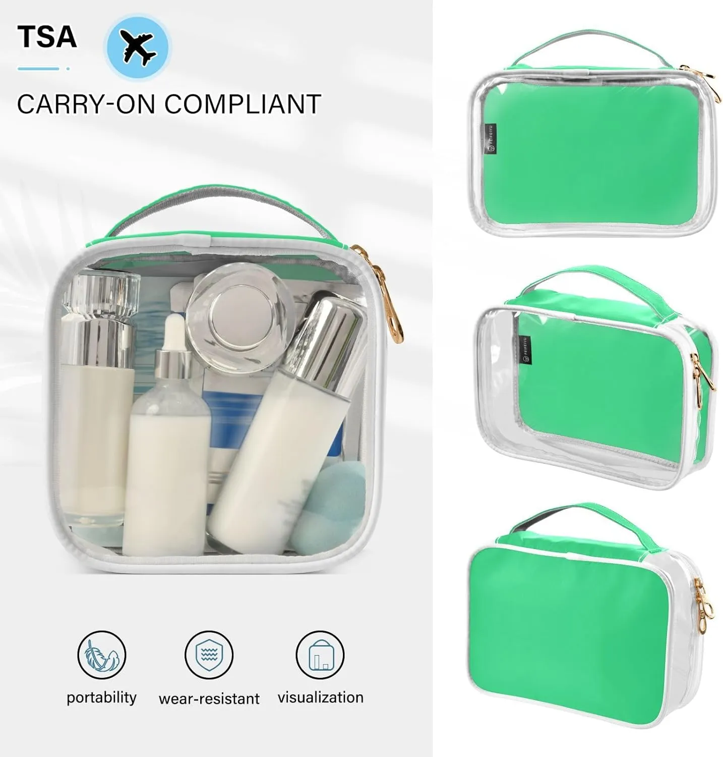 Bright Green 2 Pieces Clear Makeup Cosmetic Toiletry Bags for Women Men PVC Waterproof Portable Travel Storage Carry Pouch with Gold Zippers Travel Organizer for Traveling Bathroom Organizing