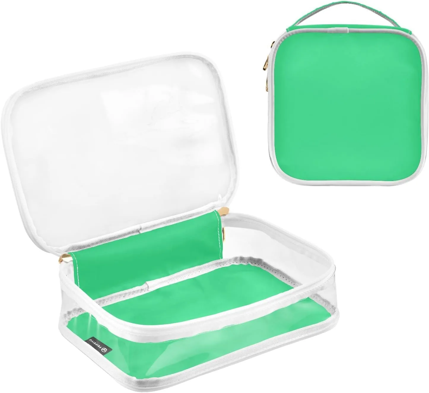 Bright Green 2 Pieces Clear Makeup Cosmetic Toiletry Bags for Women Men PVC Waterproof Portable Travel Storage Carry Pouch with Gold Zippers Travel Organizer for Traveling Bathroom Organizing