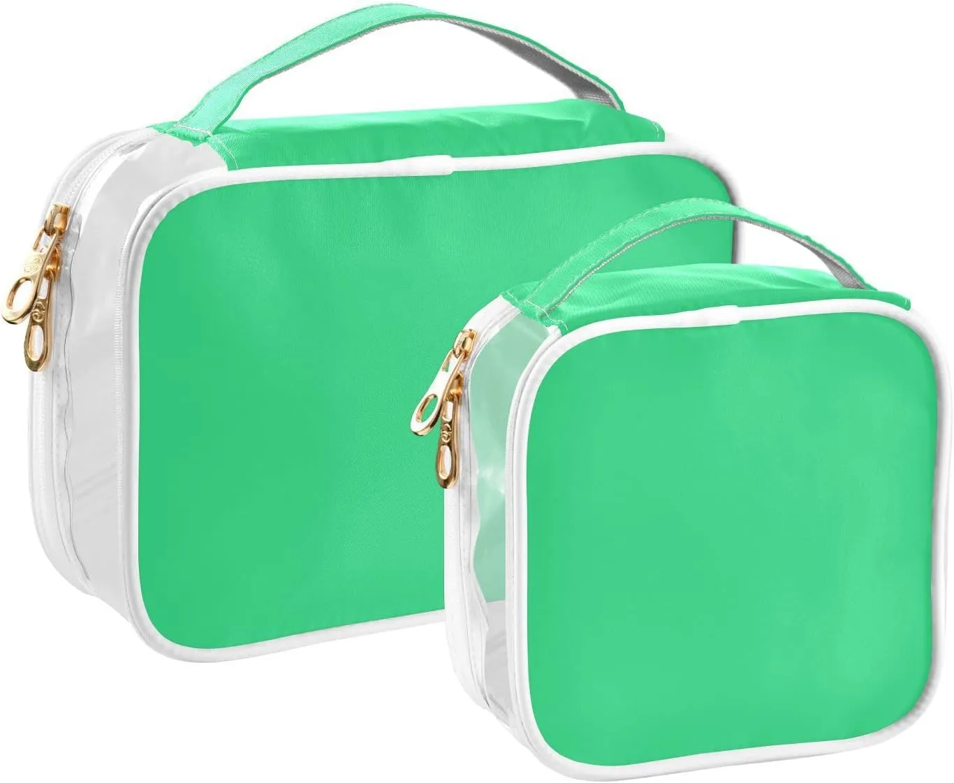 Bright Green 2 Pieces Clear Makeup Cosmetic Toiletry Bags for Women Men PVC Waterproof Portable Travel Storage Carry Pouch with Gold Zippers Travel Organizer for Traveling Bathroom Organizing