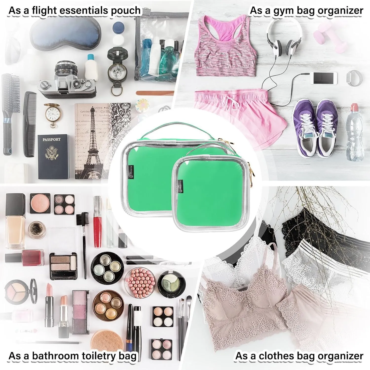 Bright Green 2 Pieces Clear Makeup Cosmetic Toiletry Bags for Women Men PVC Waterproof Portable Travel Storage Carry Pouch with Gold Zippers Travel Organizer for Traveling Bathroom Organizing