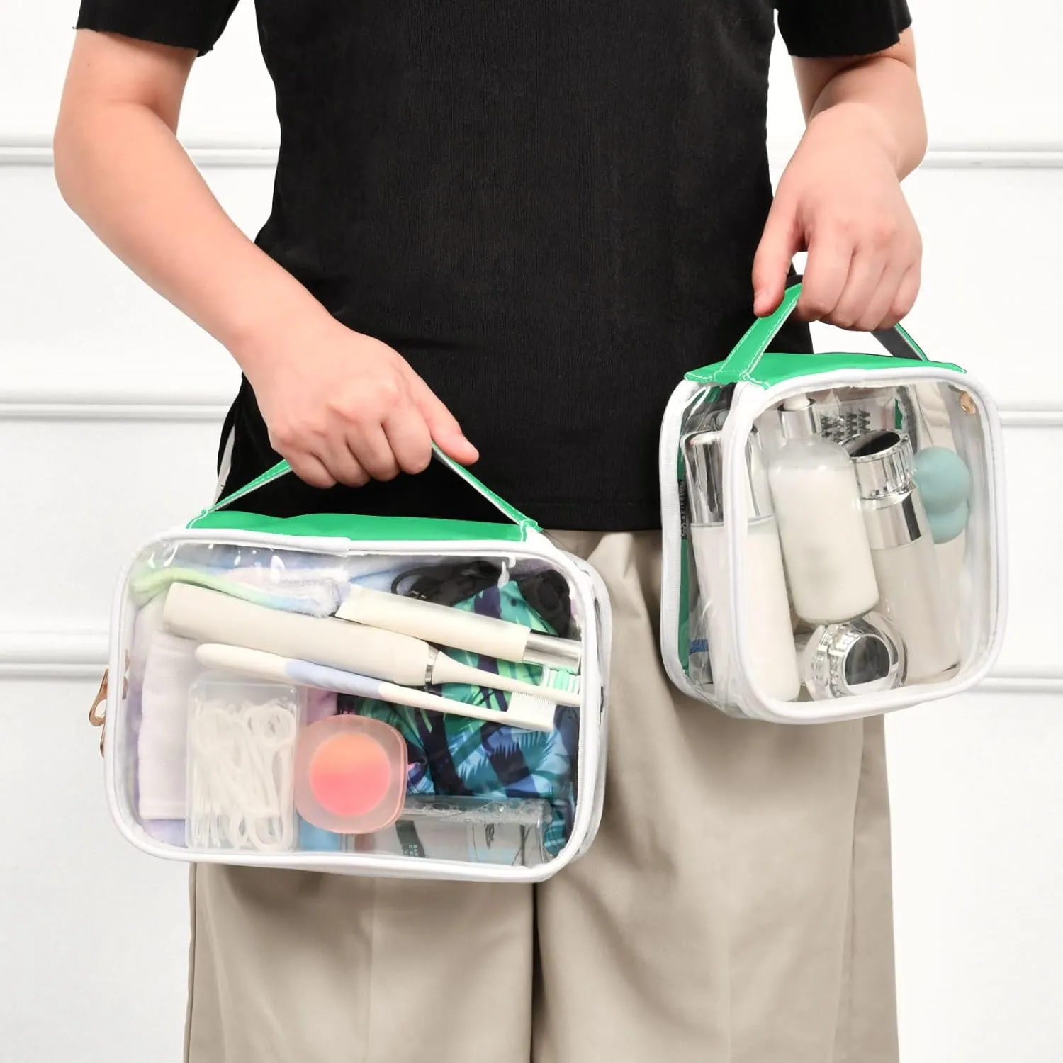 Bright Green 2 Pieces Clear Makeup Cosmetic Toiletry Bags for Women Men PVC Waterproof Portable Travel Storage Carry Pouch with Gold Zippers Travel Organizer for Traveling Bathroom Organizing