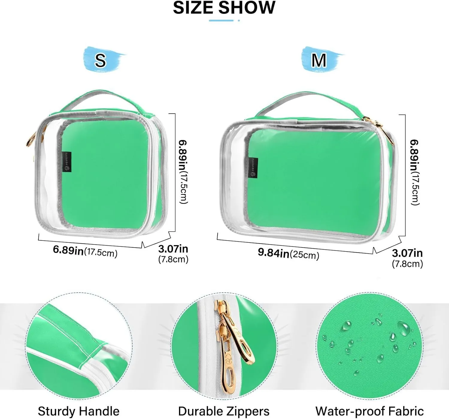 Bright Green 2 Pieces Clear Makeup Cosmetic Toiletry Bags for Women Men PVC Waterproof Portable Travel Storage Carry Pouch with Gold Zippers Travel Organizer for Traveling Bathroom Organizing