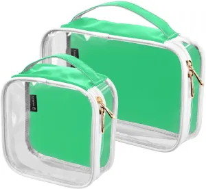 Bright Green 2 Pieces Clear Makeup Cosmetic Toiletry Bags for Women Men PVC Waterproof Portable Travel Storage Carry Pouch with Gold Zippers Travel Organizer for Traveling Bathroom Organizing