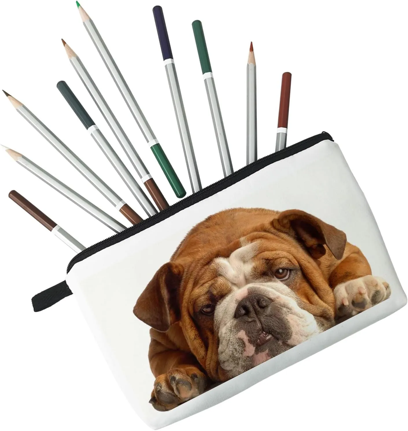 British Bulldog Makeup Bag Puppy Organizer Zipper Pouch White Background Strong British Bulldog Cosmetic Bag Present for Dog Lovers Dog Mom Women