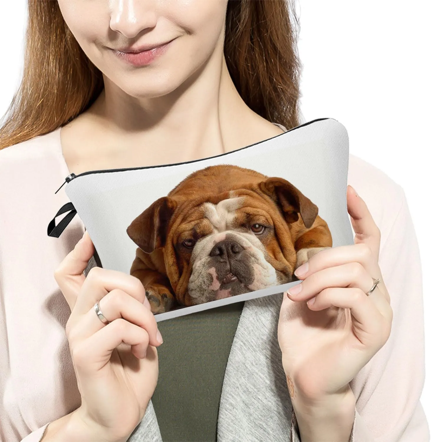 British Bulldog Makeup Bag Puppy Organizer Zipper Pouch White Background Strong British Bulldog Cosmetic Bag Present for Dog Lovers Dog Mom Women