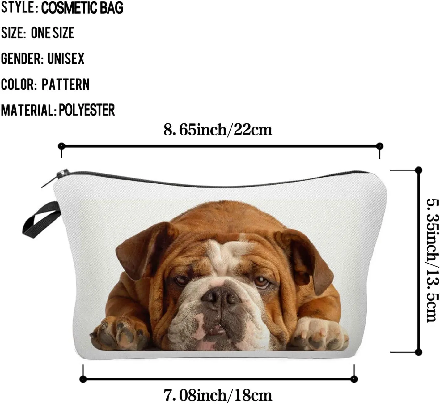 British Bulldog Makeup Bag Puppy Organizer Zipper Pouch White Background Strong British Bulldog Cosmetic Bag Present for Dog Lovers Dog Mom Women
