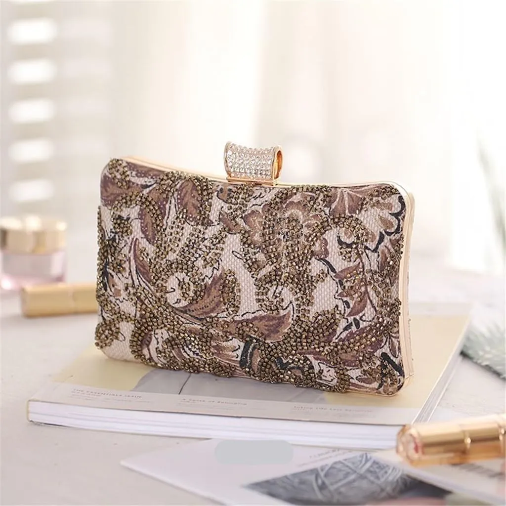Burlap Evening Bag Ladies Clutch Evening Bag Beaded Small Square(D)