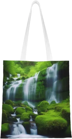 Canvas Tote Bag for Women Shoulder Tote Purse Reusable Grocery Bag Waterfall Green Aesthetic Shopping Bags