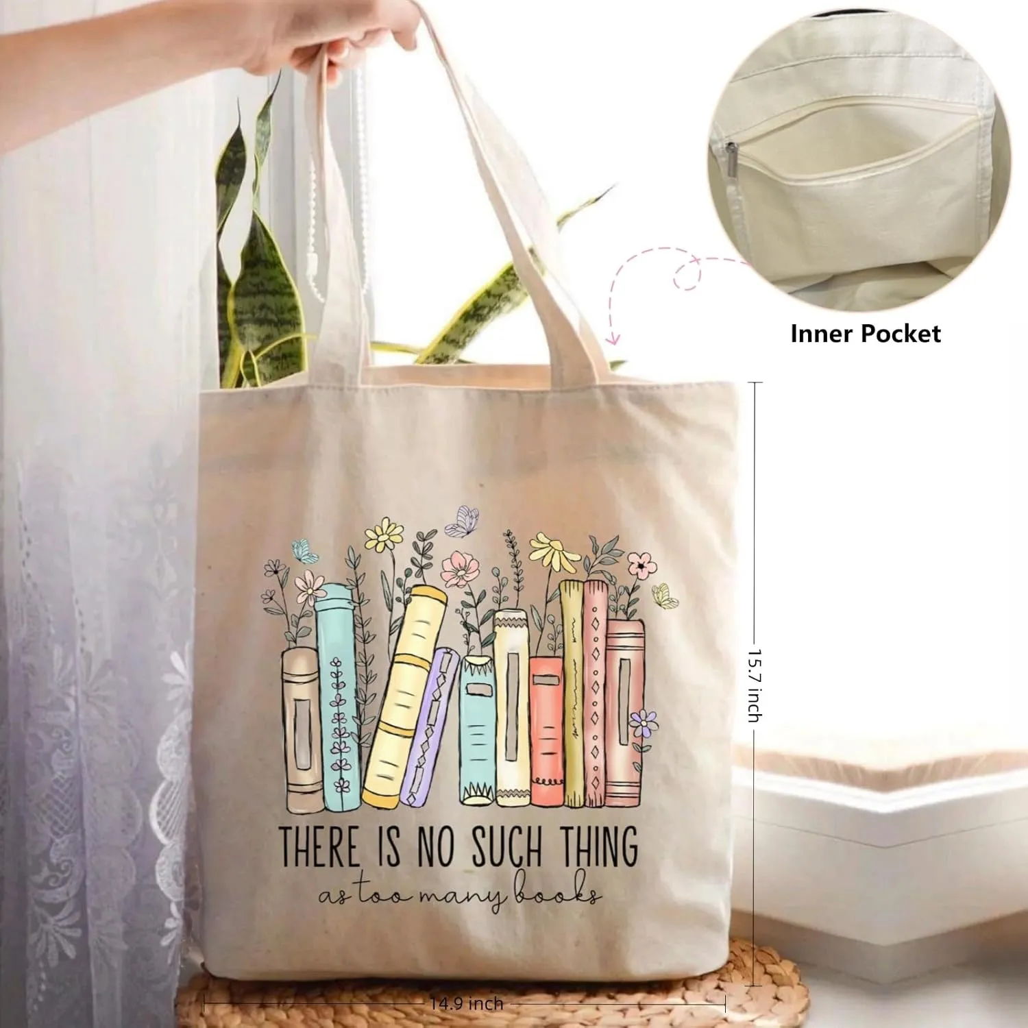 Canvas Tote Bag for Women with Inner Pocket, Aesthetic Shoulder Book Bags Gift Totes Shopping Reusable Grocery Bags