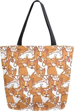 Cartoon Corgi Cute Extra Large Canvas Shoulder Tote Top Storage Handle Bag for Gym Summer Beach Weekender Travel Reusable Grocery Shopping