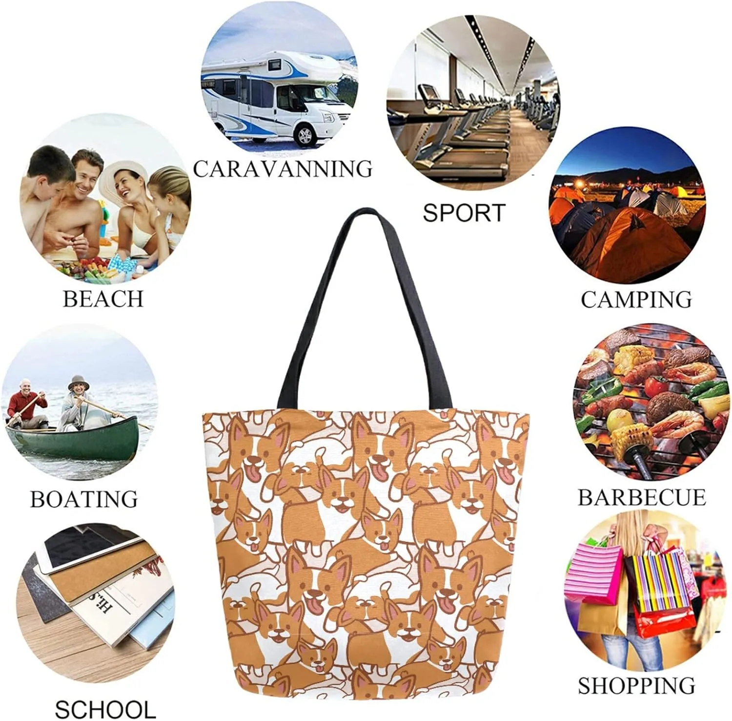 Cartoon Corgi Cute Extra Large Canvas Shoulder Tote Top Storage Handle Bag for Gym Summer Beach Weekender Travel Reusable Grocery Shopping