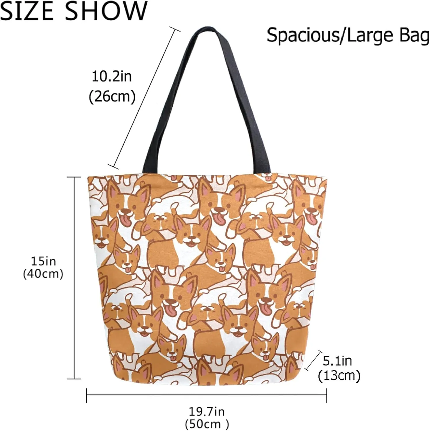 Cartoon Corgi Cute Extra Large Canvas Shoulder Tote Top Storage Handle Bag for Gym Summer Beach Weekender Travel Reusable Grocery Shopping