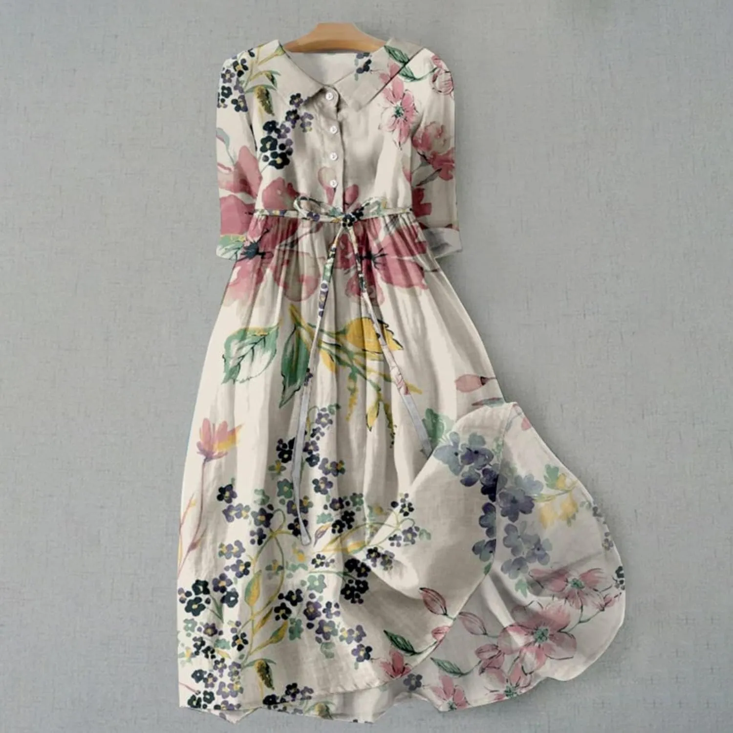 Casual Dresses for Women Button Down Half Sleeve Midi Dresses with Belt Floral Print Flowy Plus Size Summer Dresses
