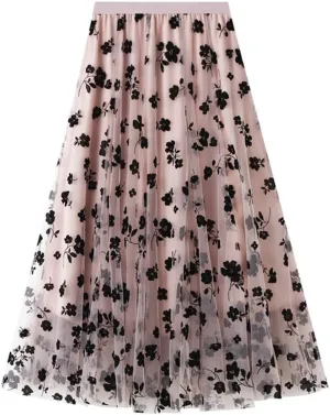 Casual Long Tulle Skirt Women Retro Butterfly Embroidery Elastic High Waist A-Line Mesh Pleated Skirt Midi Skirt
