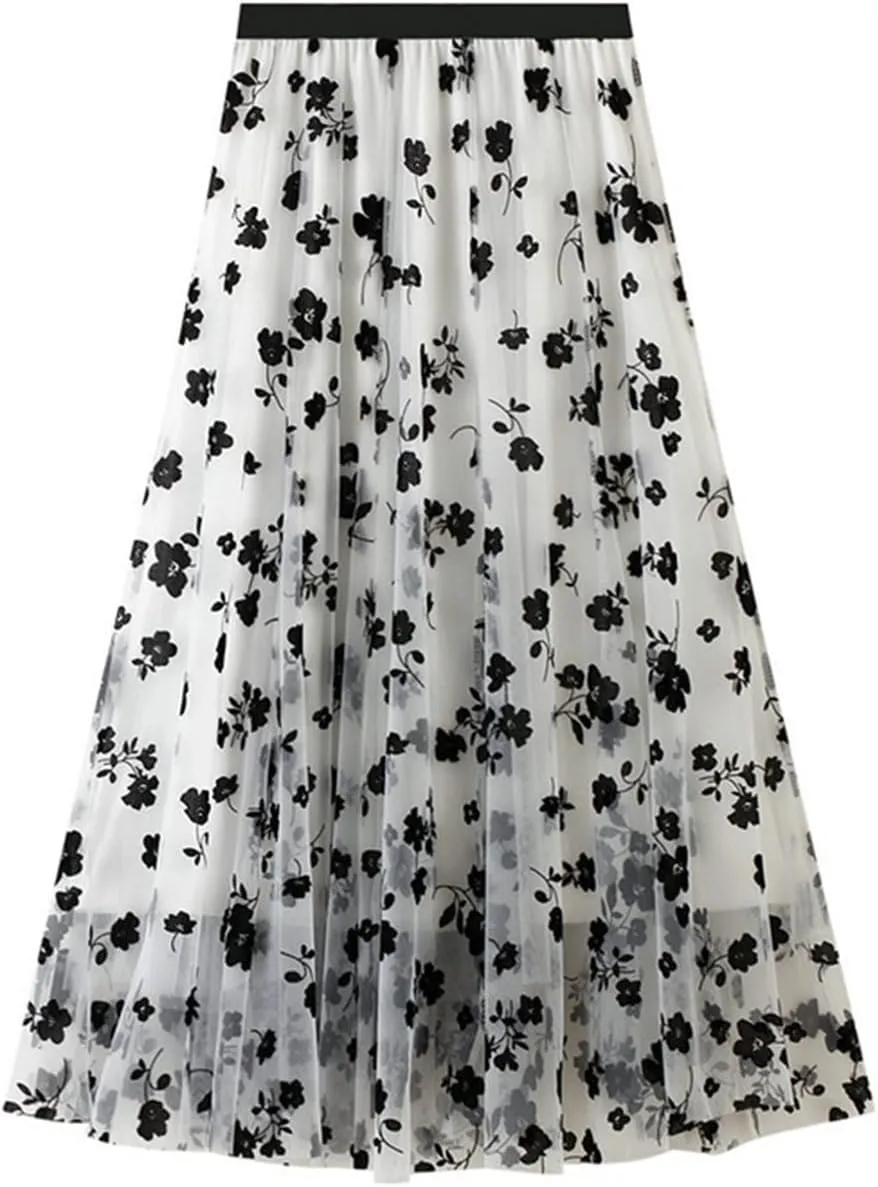 Casual Long Tulle Skirt Women Retro Butterfly Embroidery Elastic High Waist A-Line Mesh Pleated Skirt Midi Skirt