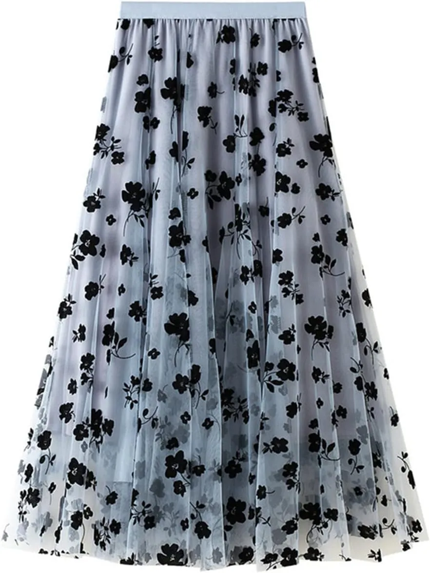Casual Long Tulle Skirt Women Retro Butterfly Embroidery Elastic High Waist A-Line Mesh Pleated Skirt Midi Skirt