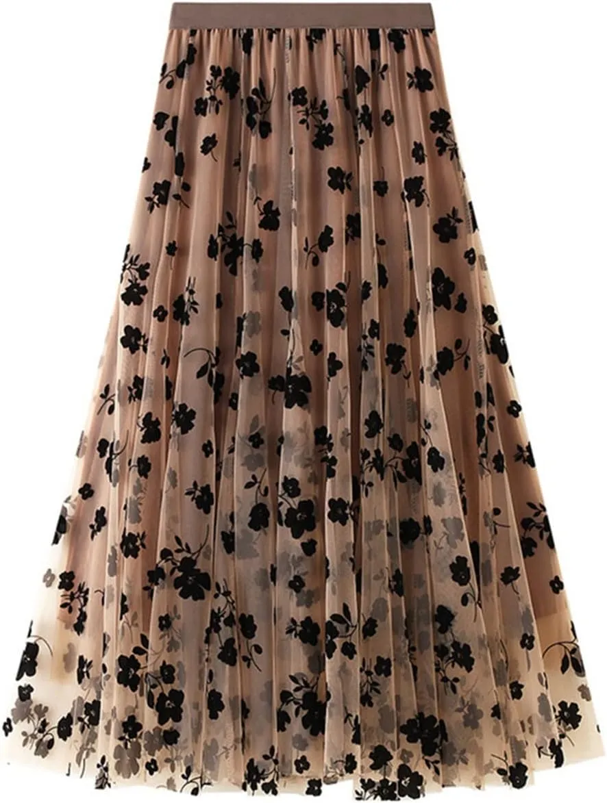Casual Long Tulle Skirt Women Retro Butterfly Embroidery Elastic High Waist A-Line Mesh Pleated Skirt Midi Skirt