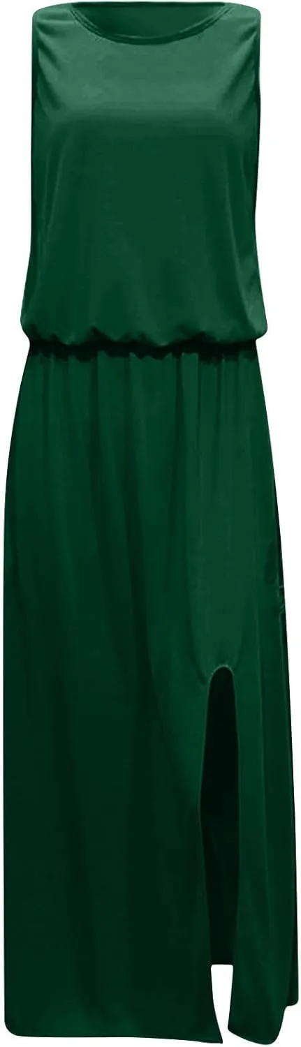 Casual Summer Dresses for Women 2025 Crewneck Sleeveless Sexy Fork Opening Maxi Dress Vacation Beach Boho Sundresses